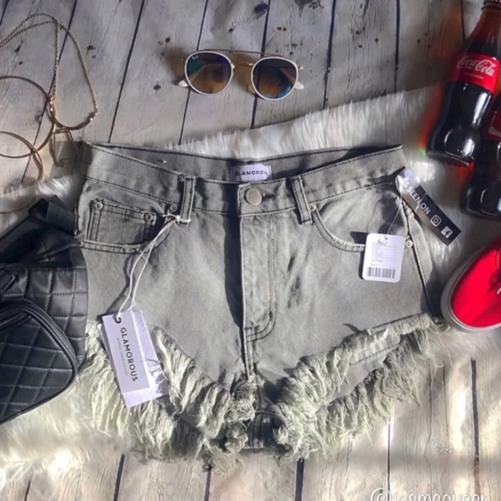 UO Glamorous Frayed Denim Cutout Grey Shorts